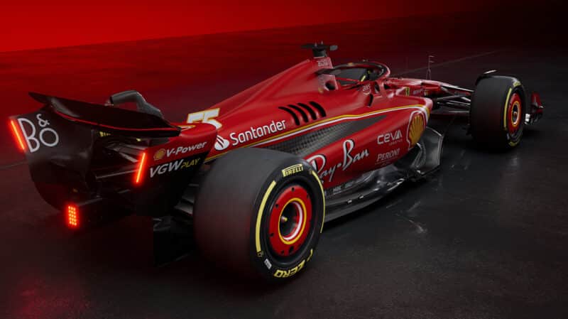 Right rear view of 2024 Ferrari SF-24 F1 car at launch