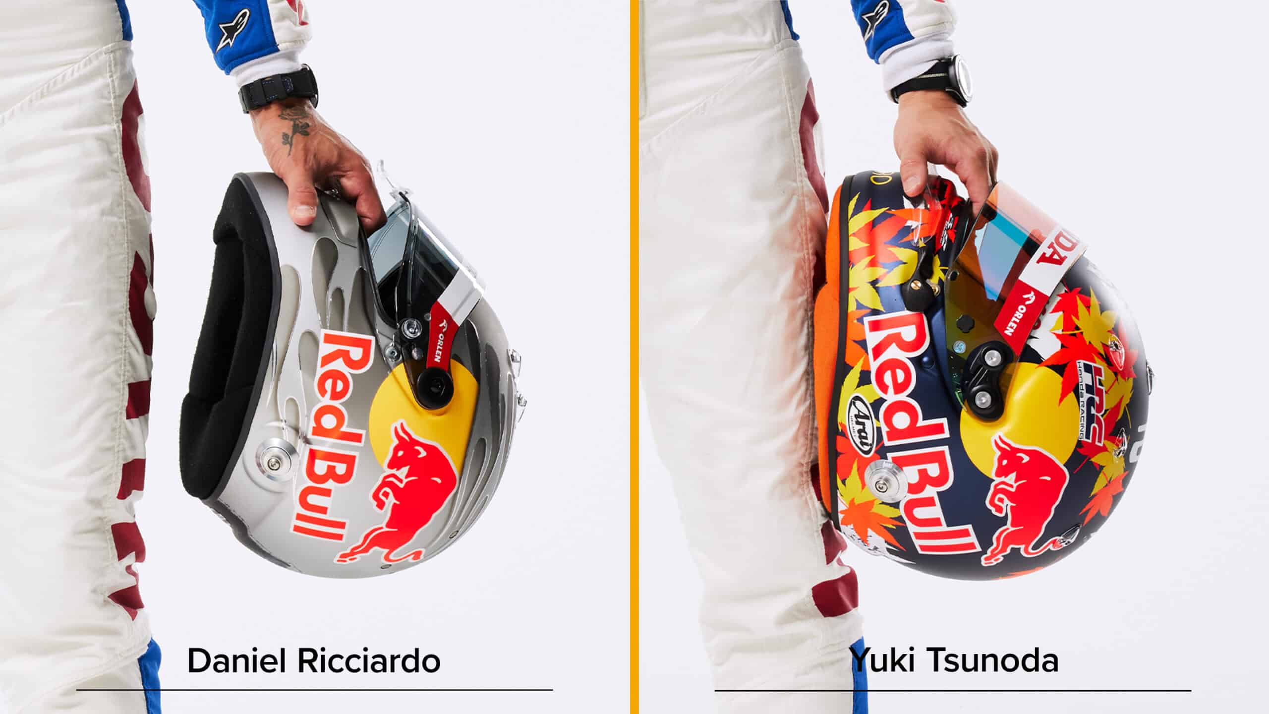 Daniel Ricciardo Yuki Tsunoda helmets 2024 F1 season