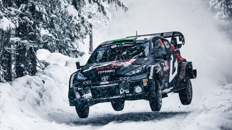 WRC Toyota of Elfyn Evans in mid air on 2024 Rally Sweden