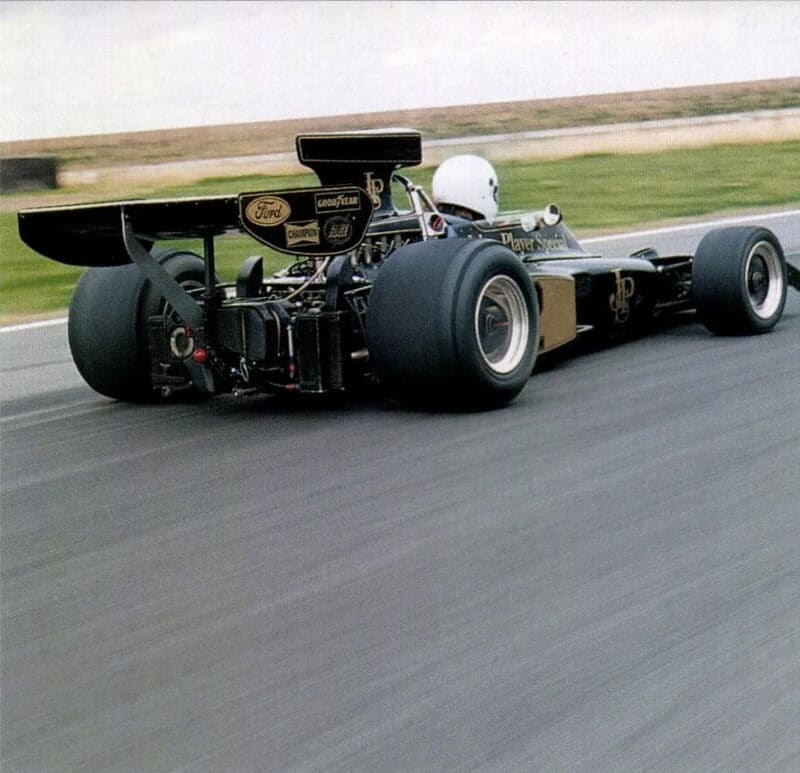Rear view of Formula 1 Lotus 72 on track