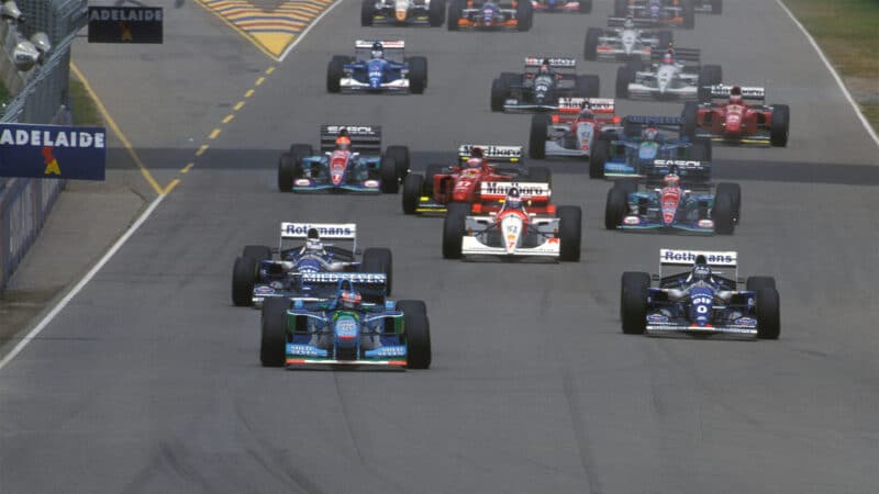 Nigel Mansell Michael Schumacher and Damon Hill lead field at 1994 Australian Grand Prix