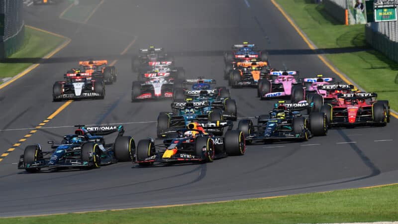 2023 Australian Grand Prix Verstappen and Russell jostle for the lead