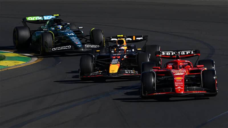 Charles Leclerc leads Sergio Perez and Fernando Alonso