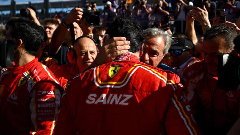 Carlos Sainz embraces his father Carlos Sainz Sr after winning the 2024 F1 Australian Grand Prix