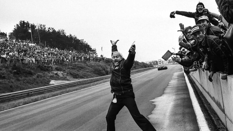 Chapman celebrates at the 1977 Belgian GP