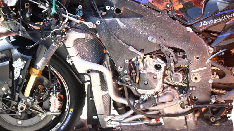 Crashed 2022 Yamaha YZR-M1 MotoGP bike showing eide engine hanger