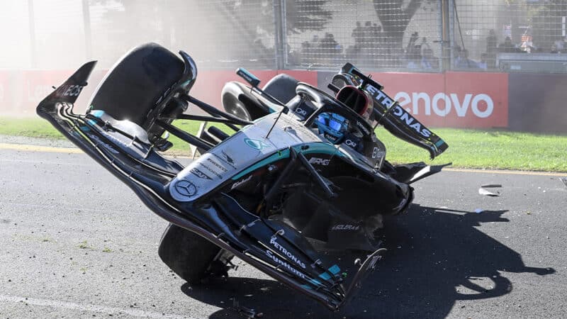 Crashed Mercedes of George Russell on track in 2024 F1 Australian Grand Prix