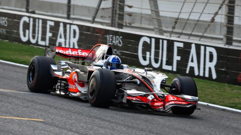 David Coulthard in 2008 McLaren MP4-23 F1 car during Bahrain GP demonstration run