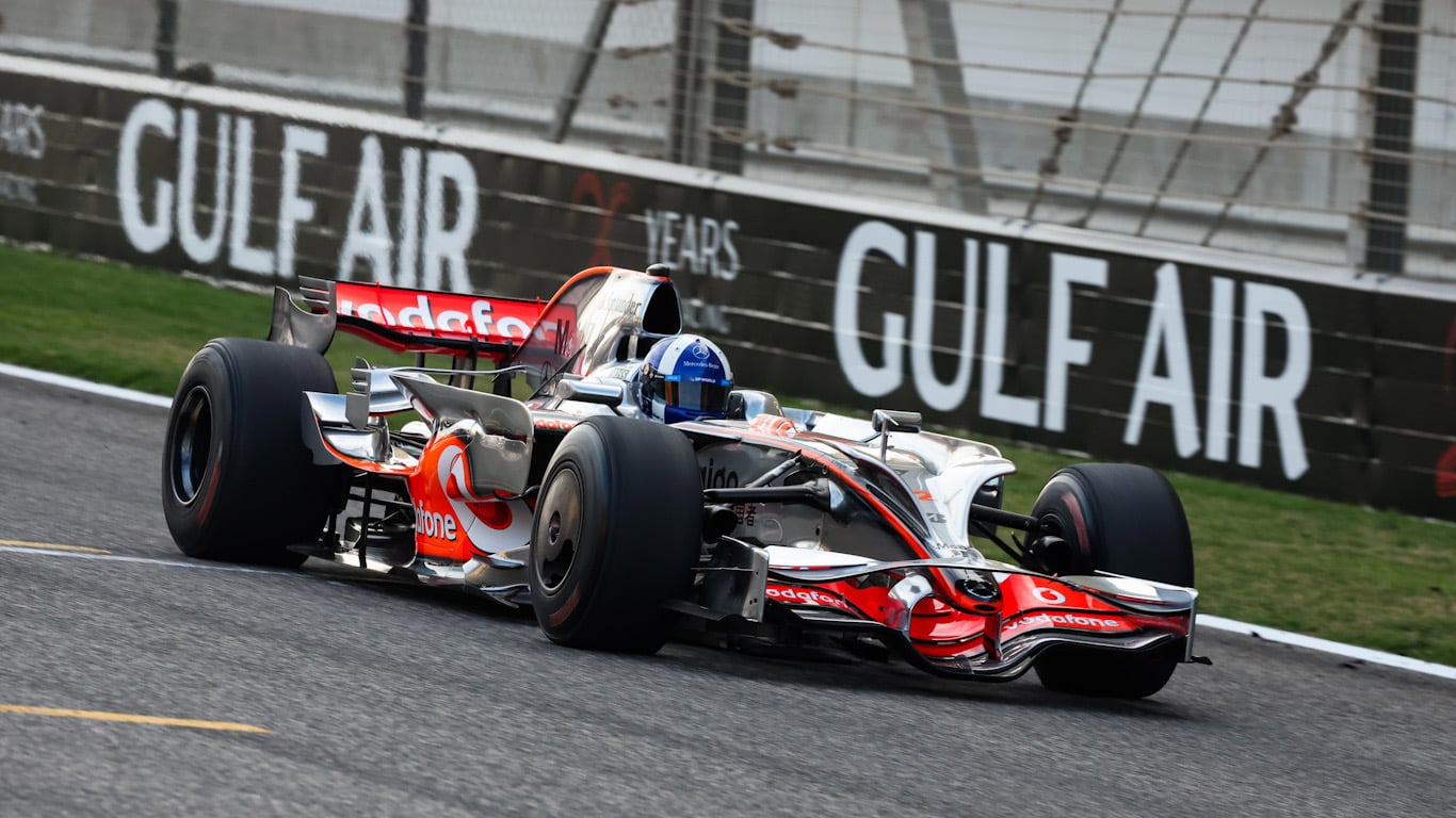 David Coulthard in 2008 McLaren MP4-23 F1 car during Bahrain GP demonstration run