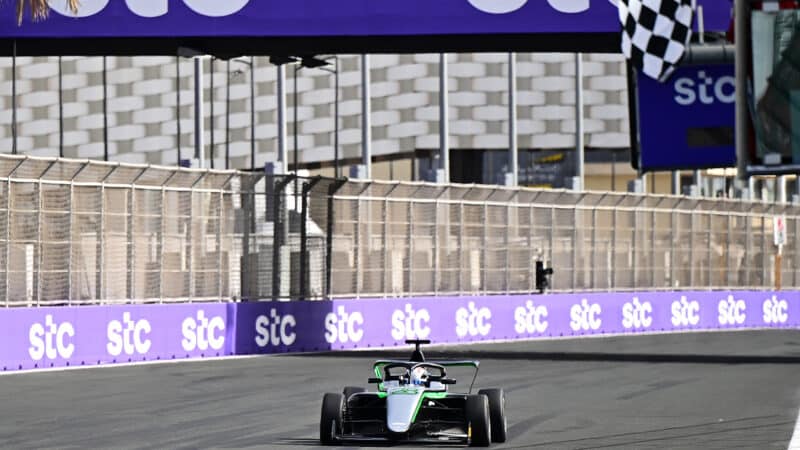 Doriane Pin crosses the finish line in Race 2 of F1 Academy 2024 Saudi Arabian round