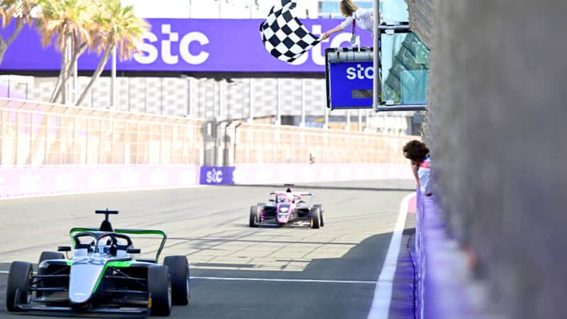 Doriane Pin crosses the finish line to win first Saudi Arabian F1 Academy race in 2024