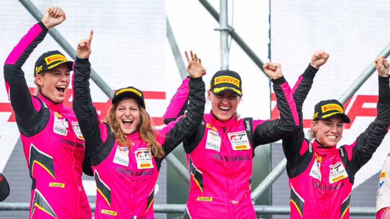 Doriane Pin with Iron Dames on the podium after a class victory in the 2021 24 Hours of Spa