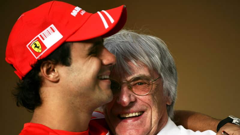 Felipe Massa embraces Bernie Ecclestone at 2008 Bahrain Grand Prix