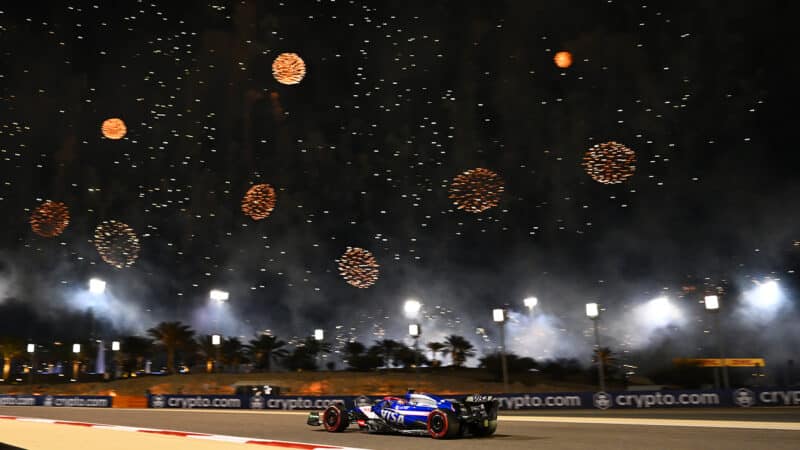 Fireworks over RB of Daniel Ricciardo at end of 2024 Bahrain Grand Prix