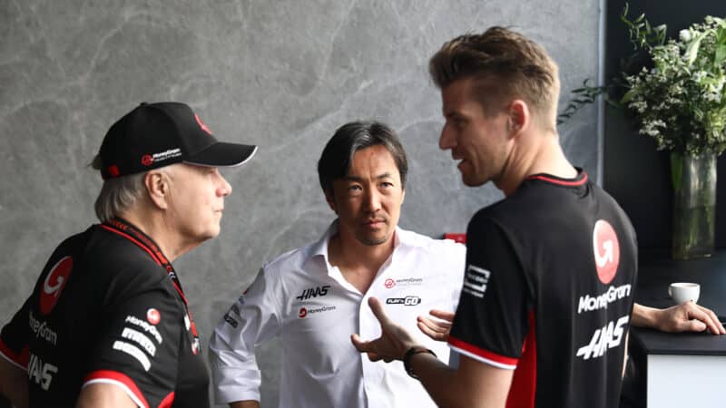 Gene Haas with Ayao Komatsu and Nico Hulkenberg at 2024 Saudi Arabian GP