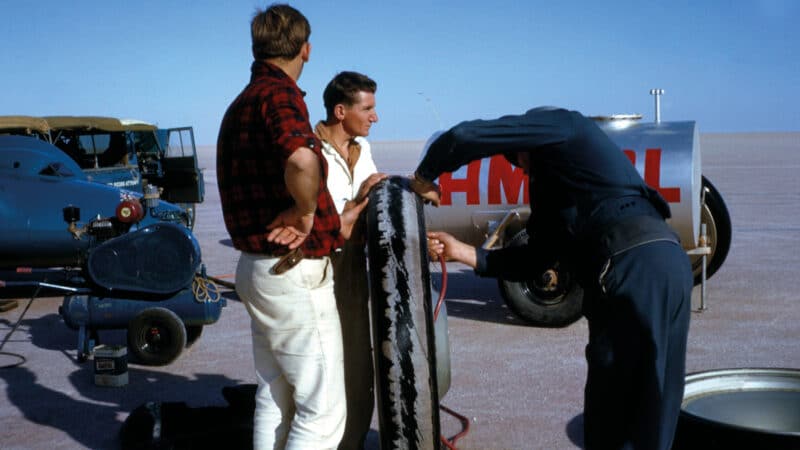 mechanics inflate one of Bluebird’s tyres in 1964