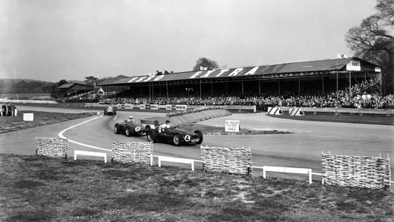 Ken Wharton in the BRM P15 V16 at Easter Goodwood 1954 leading Roy Salvadori in the Maserati 250F