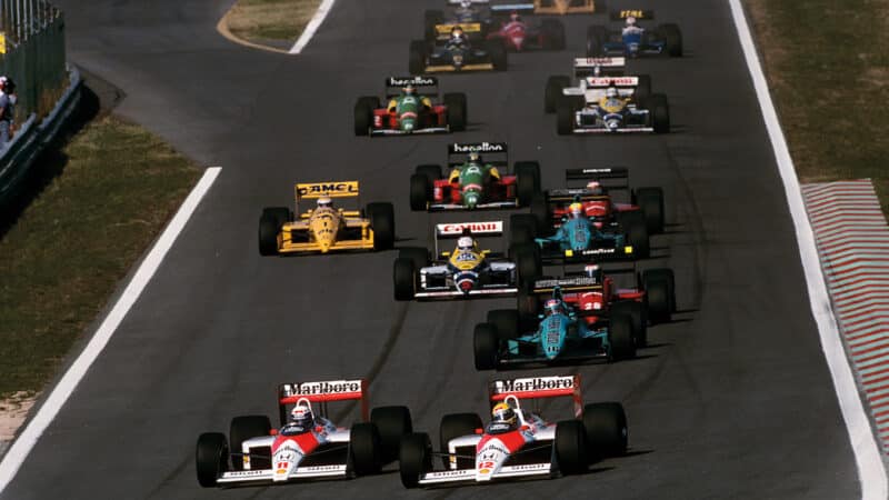 The start of the Portuguese GP in 1988, with the usual sight of both MP4/4s leading the way. The two cars would notch up 10 one-two finishes, but ironically not at this race