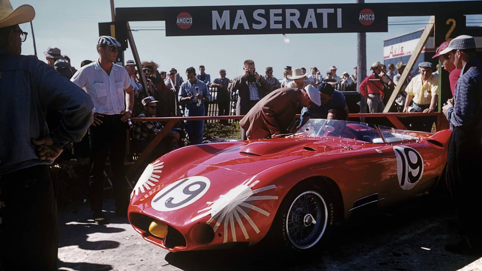 Juan Manuel Fangio and Jean Behra with the works Maserati 450S – winners of the 1957 Sebring 12 Hours