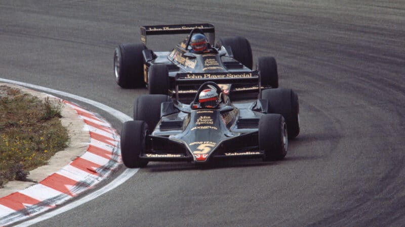 Mario Andretti leads Ronnie Peterson at 1978 Dutch GP in Lotus 79s