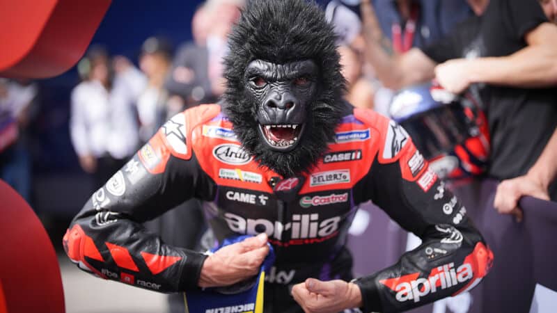 Maverick Vinales in King Kong mask at 2024 MotoGP Portuguese GP