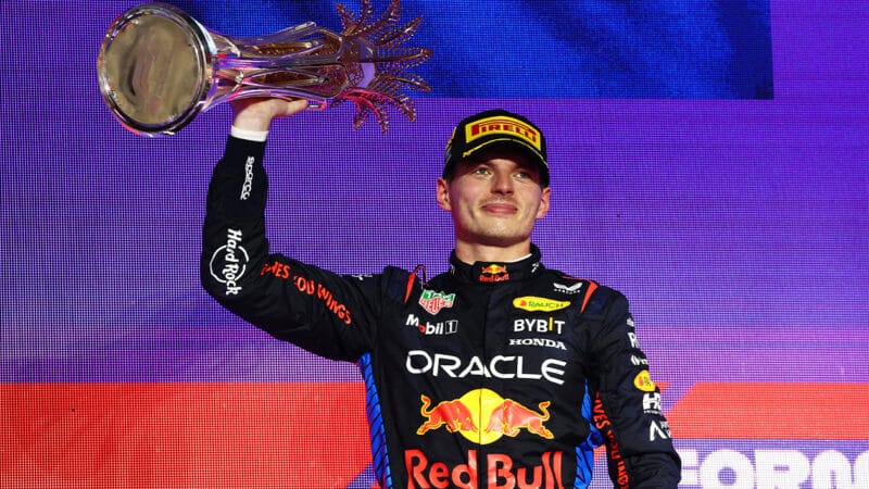 Max Verstappen lifts 2024 Saudi Arabian Grand Prix trophy after winning in Jeddah