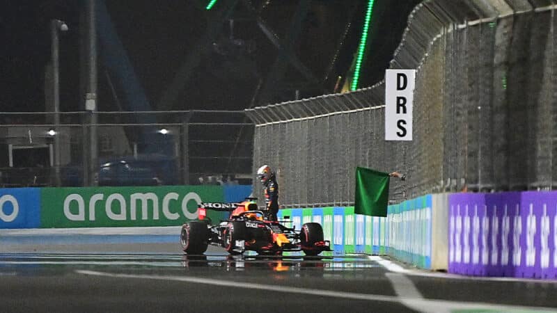 Max Verstappen steps out of his Red Bull F1 car after crashing in qualifying for 2021 Saudi Arabian Grand Prix