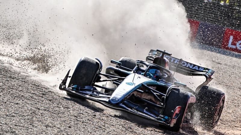 Mercedes F1 car of George Russell runs into the gravel at 2024 Australian Grand Prix