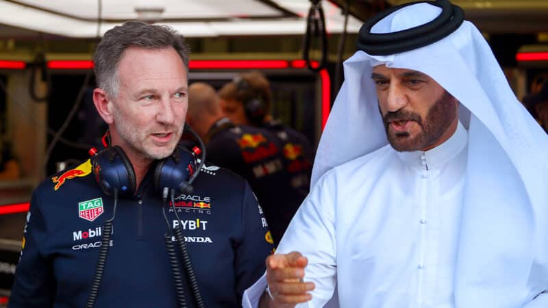 Mohammed Ben Sulayem and Christian Horner in Red Bull pit garage at 2024 F1 Bahrain Grand Prix