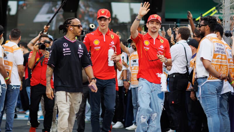 Oliver Bearman with Charles Leclerc and Lewis Hamilton at 2024 Saudi Arabian GP