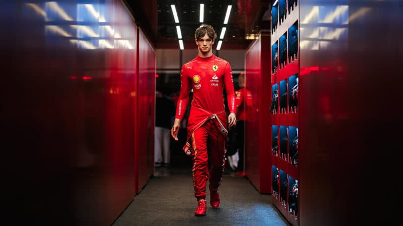 Ollie Bearman walks into Ferrari pit garage at 2024 Saudi Arabian Grand Prix