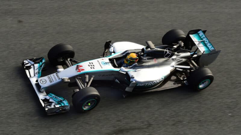 Overhead view of Lewis Hamilton Mercedes in F1 2014 preseason testing