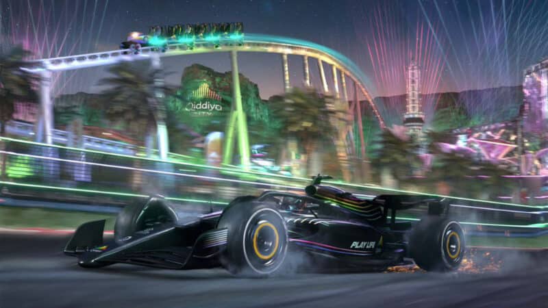 Rollercoaster alongside single-seater racing car in CGI image of Qiddiya circuit