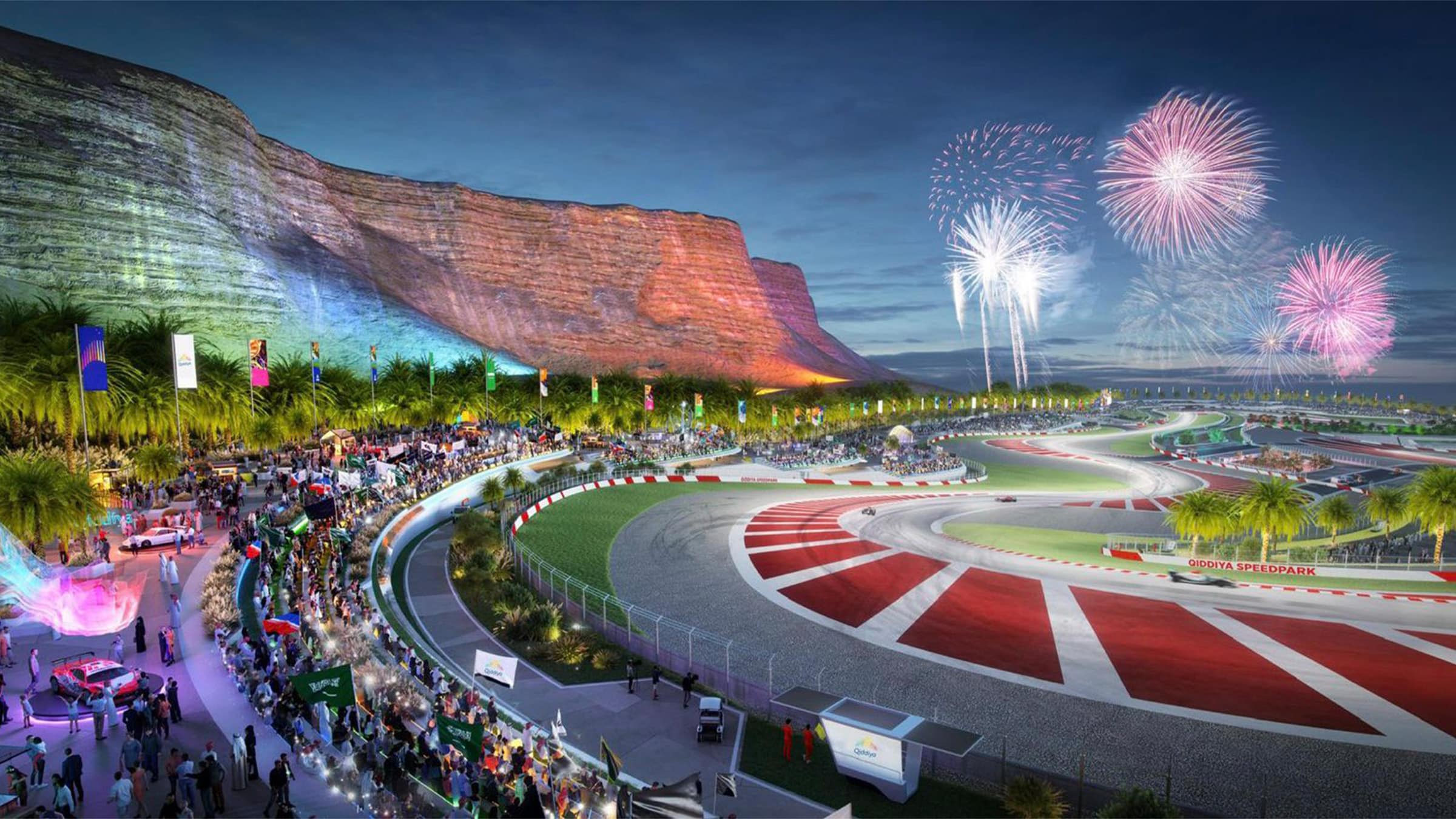 Qiddiya circuit CGI image showing fans watching the race