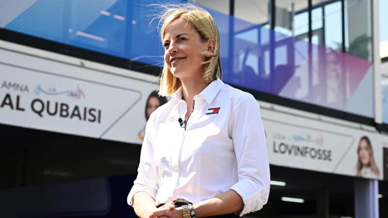 Susie Wolff outside F1 Academy pit garages at Saudi Arabian Grand Prix in 2024