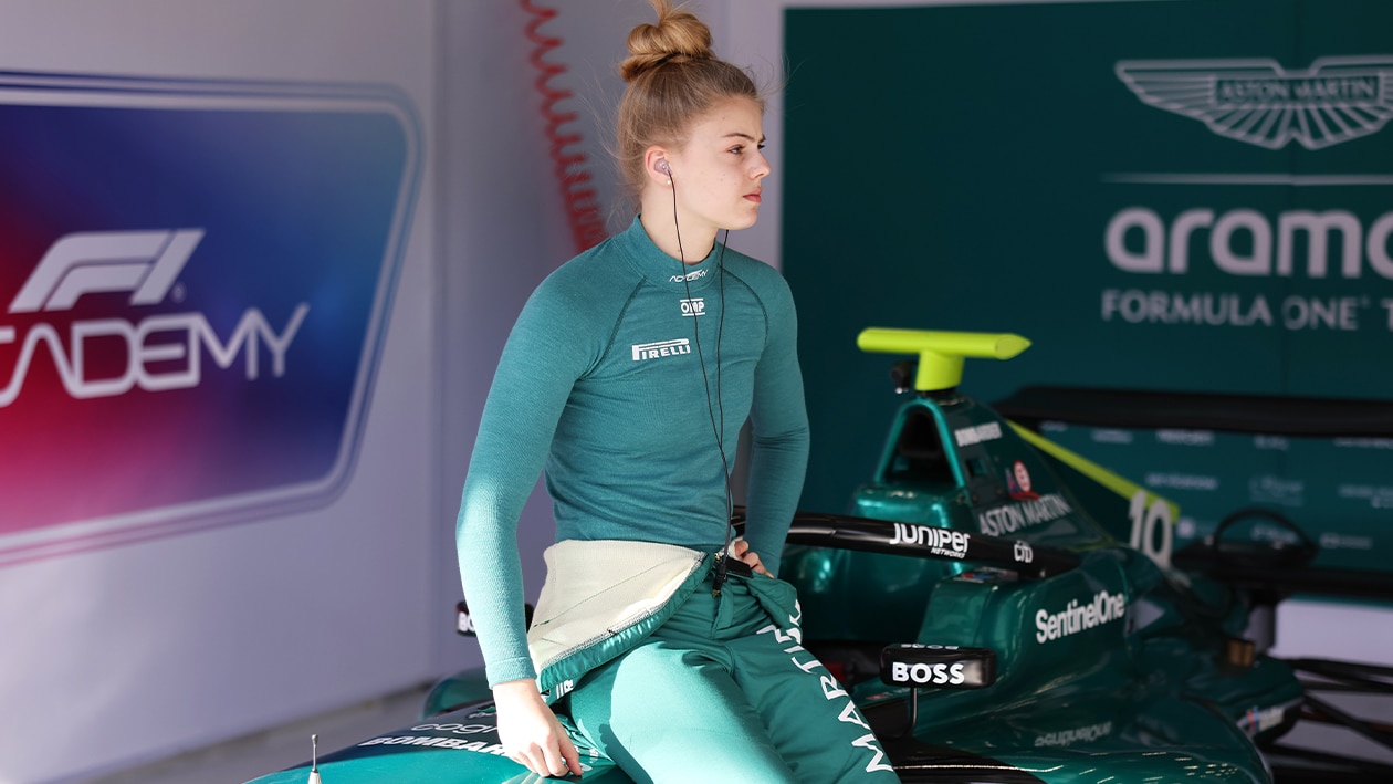 Tina Hausmann sits on F1 Academy car at 2024 Saudi Arabian round