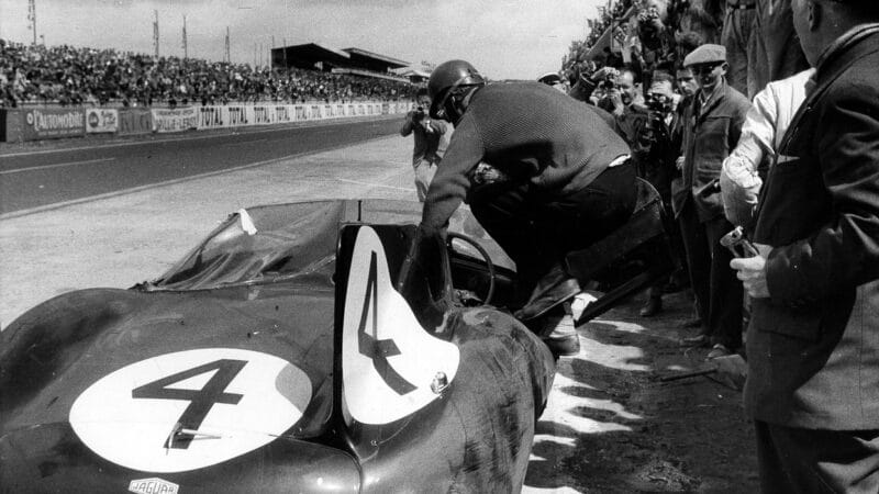 Ninian Sanderson climbs aboard the Le Mans-winning D-type he shared with Ron Flockhart. This 1956 win showed the D-type was just as formidable in customers’ hands