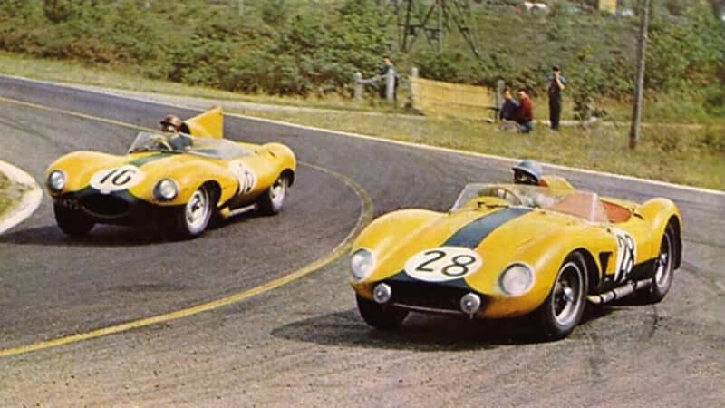 Paul Frère and Freddy Rousselle (16) shared a distinctive Equipe Nationale Belge D-type to fourth at Le Mans in 1957. Lucien Bianchi/ Georges Harris were in the sister car