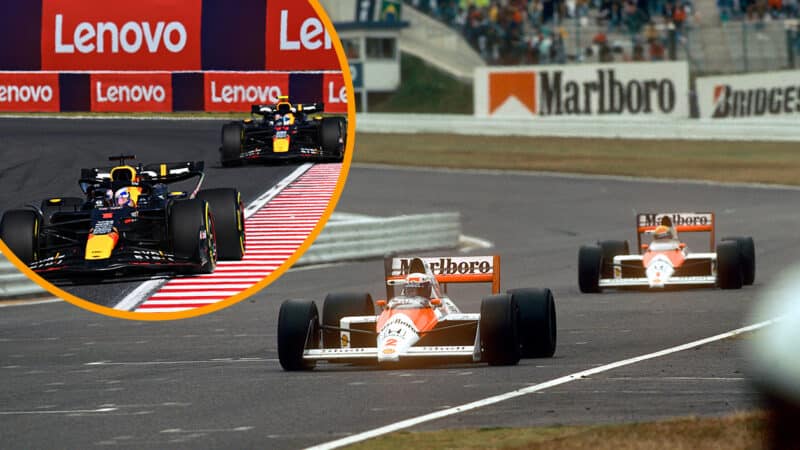 Alain Prost leads Ayrton Senna in 1988 Japanese GP while inset Max Verstappen leads Sergio Perez in 2024