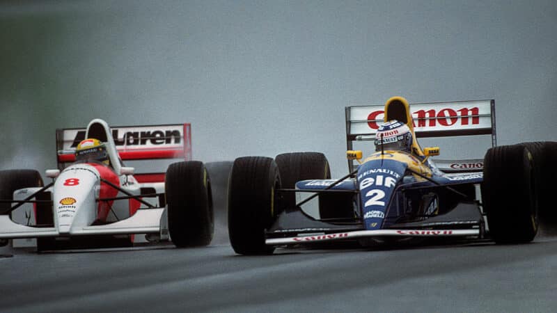Ayrton Senna alongside Alain Prost in 1993 F1 European GP at Donington Park