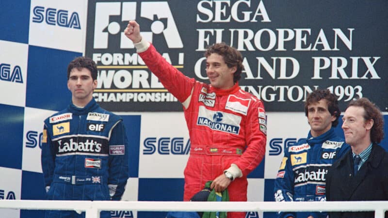 Ayrton Senna on Donington PArk podium after winning 1993 F1 European GP