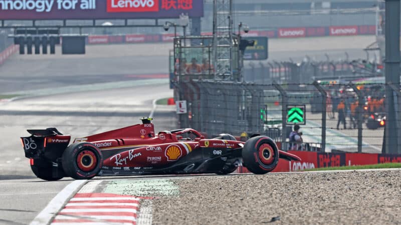 Damaged Ferrari of Carlos Sainz after crashing in qualifying for 2024 F1 Chinese GP
