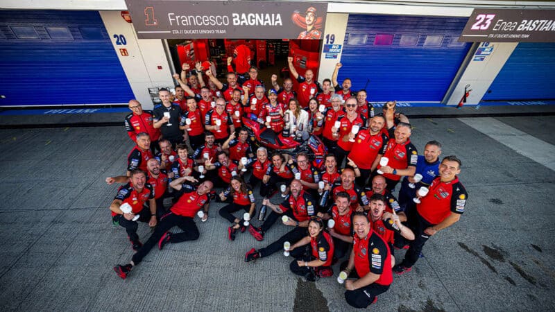 Ducati pitcrew of Pecco Bagnaia celebrate winning the 2024 MotoGP Spanish GP