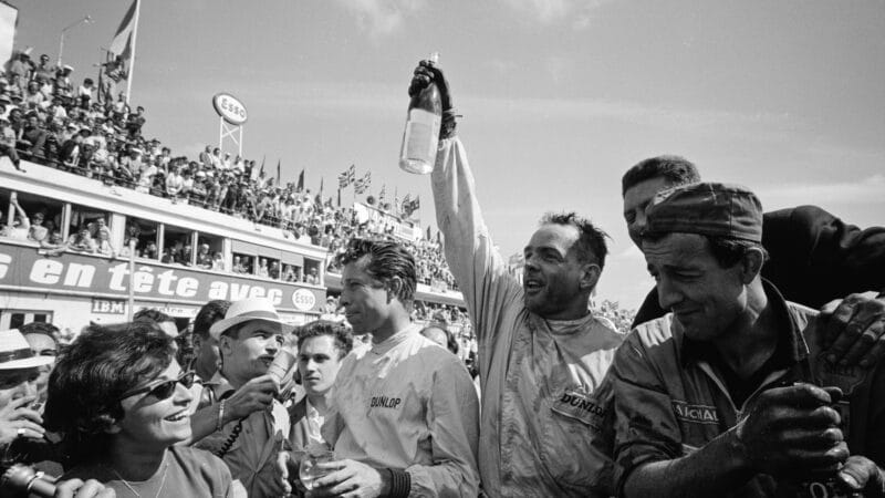 Olivier Gendebien (left) and Phil Hill celebrate victory for Ferrari in 1962, even if the Old Man himself was slightly sniffy about his drivers. This was Gendebien’s fourth Le Mans win, all with Ferrari