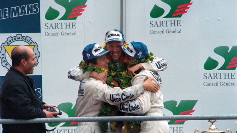 Dalmas, Lehto and Sekiya celebrate. McLarens finished first, third, fourth and fifth in what stands as one of the biggest Le Mans upsets ever