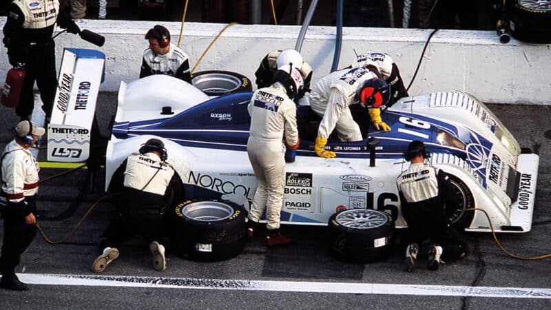 pitting at the Daytona 24 Hours in 2002 racing a Riley & Scott for Dyson