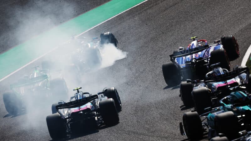 George Russell locks up  in the early stages of the Japanese GP.
