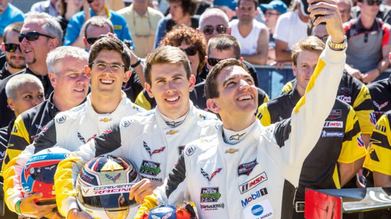 Time for a selfie at Le Mans in 2015. From left: Jordan Taylor, Tommy Milner and Gavin