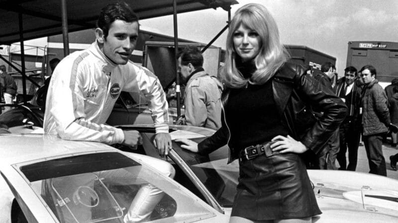 Ickx at Brands Hatch with a Ford GT40 (and girlfriend Peta Selcombe) before the start of the 1968 BOAC 500