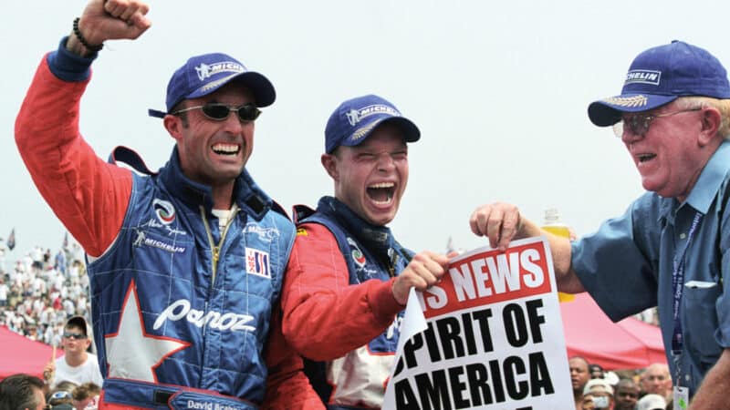 From left: David Brabham, Jan Magnussen and Don Panoz after Panoz’s DC win, 2002